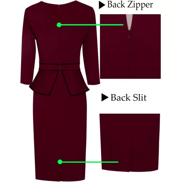 VFSHOW Womens Pleated Crew Neck Peplum Wear to Work Office Sheath DressDark Red  Black Piping