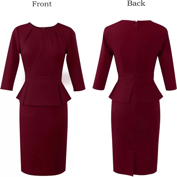 VFSHOW Womens Pleated Crew Neck Peplum Wear to Work Office Sheath DressDark Red