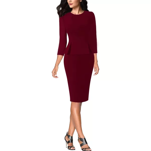 VFSHOW Womens Pleated Crew Neck Peplum Wear to Work Office Sheath DressDark Red