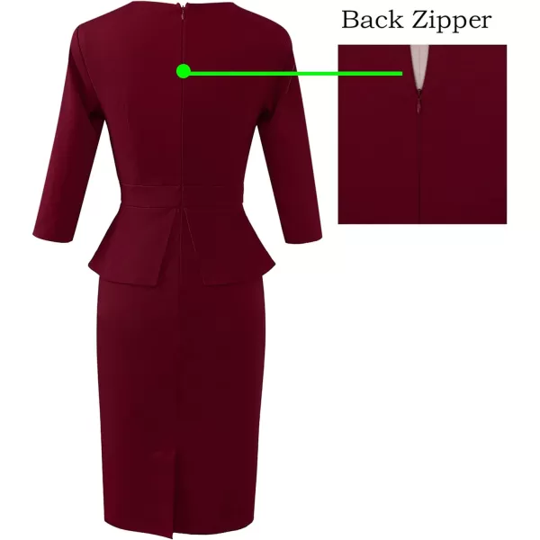 VFSHOW Womens Pleated Crew Neck Peplum Wear to Work Office Sheath DressDark Red