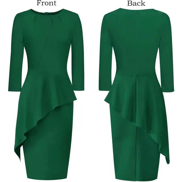 VFSHOW Womens Pleated Crew Neck Peplum Wear to Work Office Sheath DressGreen Asymmetrical Peplum2
