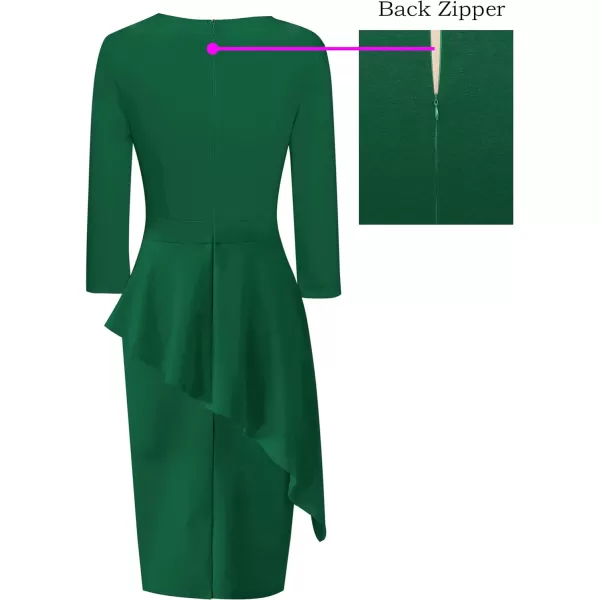 VFSHOW Womens Pleated Crew Neck Peplum Wear to Work Office Sheath DressGreen Asymmetrical Peplum2