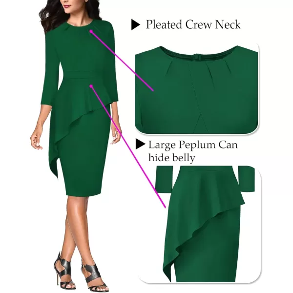 VFSHOW Womens Pleated Crew Neck Peplum Wear to Work Office Sheath DressGreen Asymmetrical Peplum2