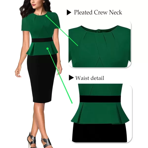 VFSHOW Womens Pleated Crew Neck Peplum Wear to Work Office Sheath DressGreen and Black