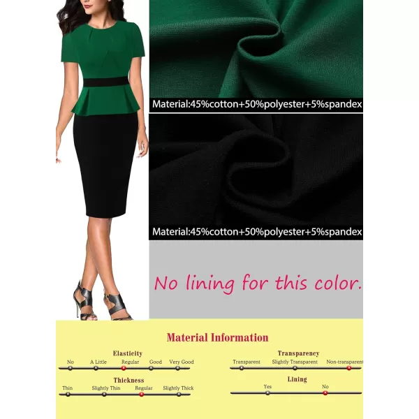 VFSHOW Womens Pleated Crew Neck Peplum Wear to Work Office Sheath DressGreen and Black