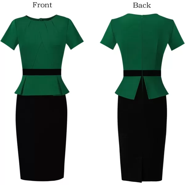 VFSHOW Womens Pleated Crew Neck Peplum Wear to Work Office Sheath DressGreen and Black