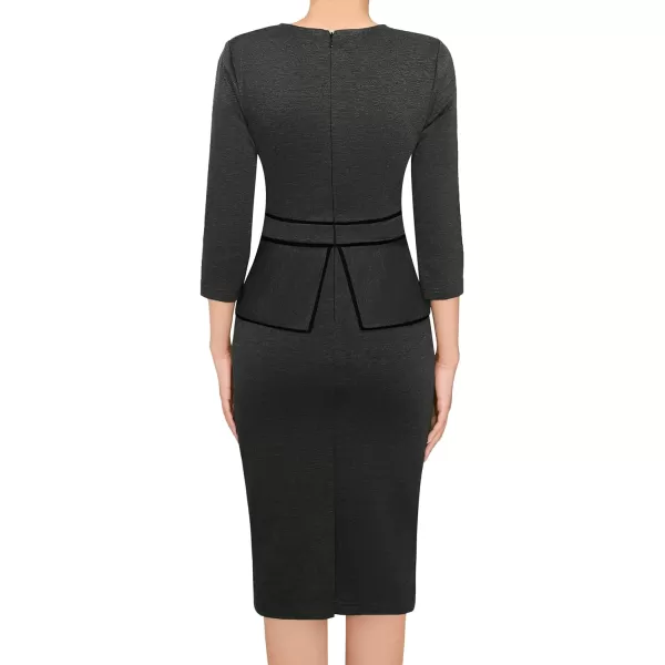 VFSHOW Womens Pleated Crew Neck Peplum Wear to Work Office Sheath DressGrey With Black Piping2