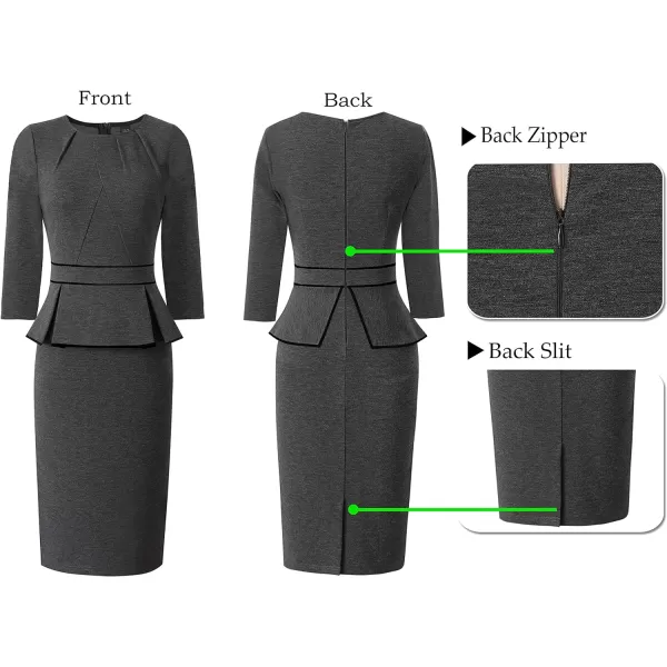 VFSHOW Womens Pleated Crew Neck Peplum Wear to Work Office Sheath DressGrey With Black Piping2