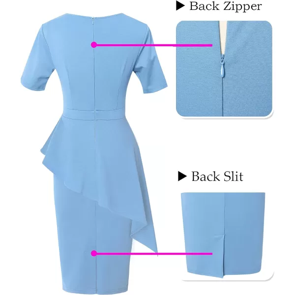 VFSHOW Womens Pleated Crew Neck Peplum Wear to Work Office Sheath DressLight Blue