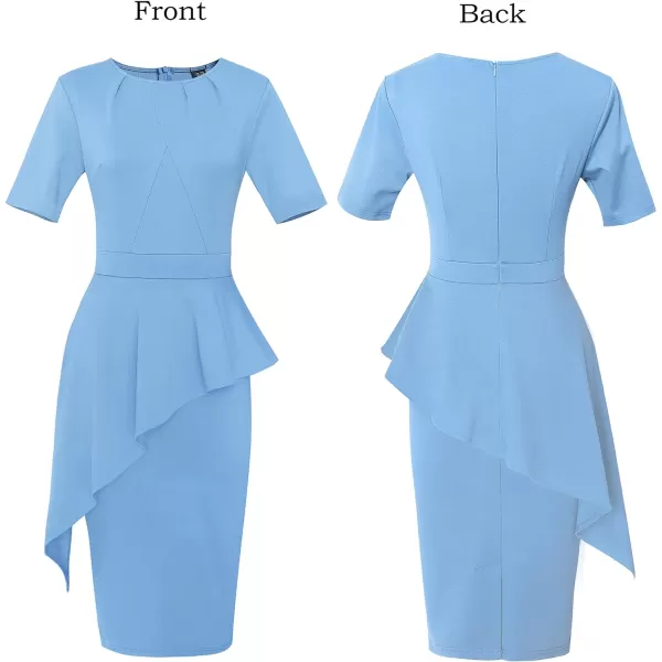 VFSHOW Womens Pleated Crew Neck Peplum Wear to Work Office Sheath DressLight Blue