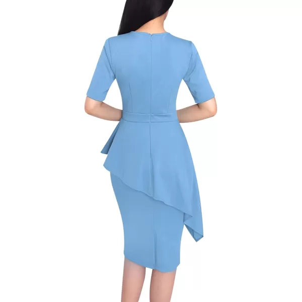 VFSHOW Womens Pleated Crew Neck Peplum Wear to Work Office Sheath DressLight Blue