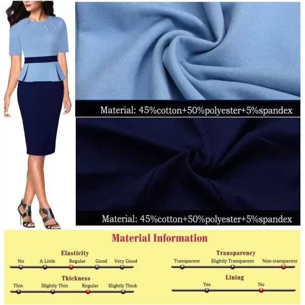 VFSHOW Womens Pleated Crew Neck Peplum Wear to Work Office Sheath DressLight Blue and Navyshort Sleeve