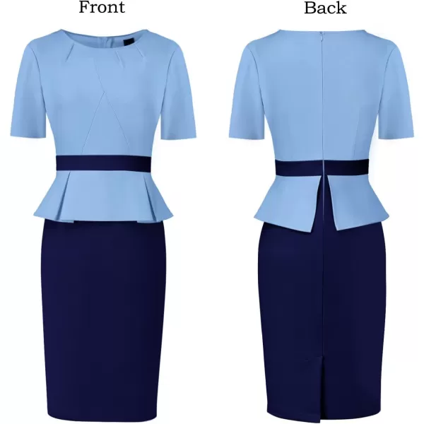 VFSHOW Womens Pleated Crew Neck Peplum Wear to Work Office Sheath DressLight Blue and Navyshort Sleeve