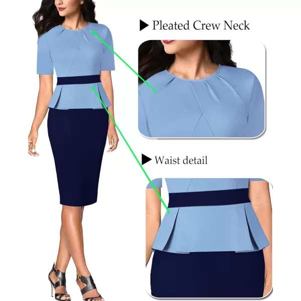 VFSHOW Womens Pleated Crew Neck Peplum Wear to Work Office Sheath DressLight Blue and Navyshort Sleeve