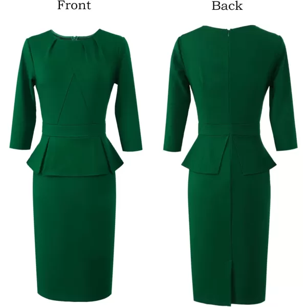 VFSHOW Womens Pleated Crew Neck Peplum Wear to Work Office Sheath DressLight Green 34 Sleeve