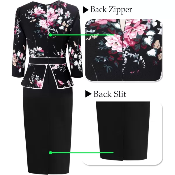 VFSHOW Womens Pleated Crew Neck Peplum Wear to Work Office Sheath DressMulti Floral Print and Black2