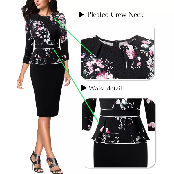 VFSHOW Womens Pleated Crew Neck Peplum Wear to Work Office Sheath DressMulti Floral Print and Black2