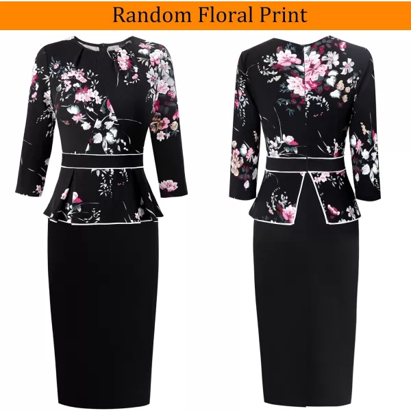 VFSHOW Womens Pleated Crew Neck Peplum Wear to Work Office Sheath DressMulti Floral Print and Black2