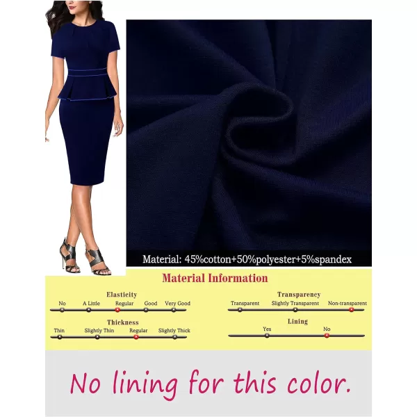 VFSHOW Womens Pleated Crew Neck Peplum Wear to Work Office Sheath DressNavy Blue With Royal Piping