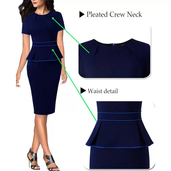 VFSHOW Womens Pleated Crew Neck Peplum Wear to Work Office Sheath DressNavy Blue With Royal Piping