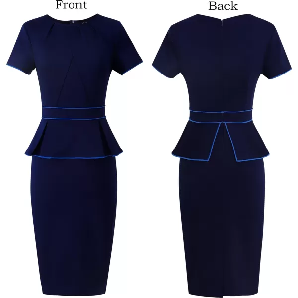 VFSHOW Womens Pleated Crew Neck Peplum Wear to Work Office Sheath DressNavy Blue With Royal Piping