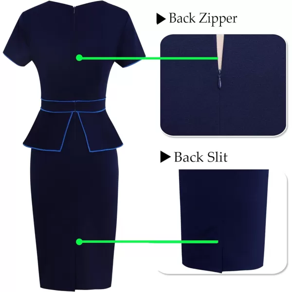 VFSHOW Womens Pleated Crew Neck Peplum Wear to Work Office Sheath DressNavy Blue With Royal Piping