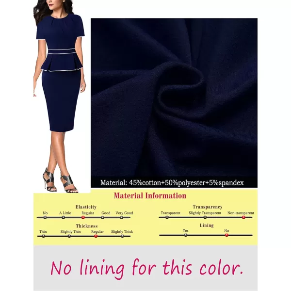 VFSHOW Womens Pleated Crew Neck Peplum Wear to Work Office Sheath DressNavy Blue With White Piping