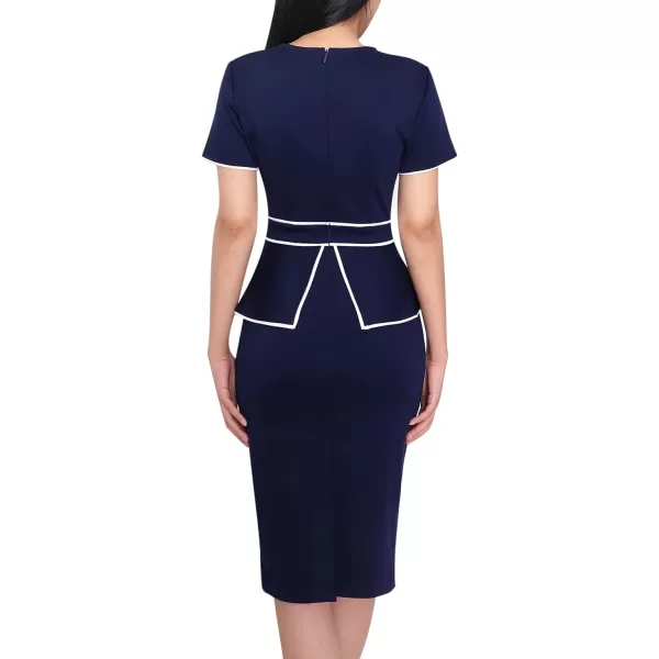 VFSHOW Womens Pleated Crew Neck Peplum Wear to Work Office Sheath DressNavy Blue With White Piping