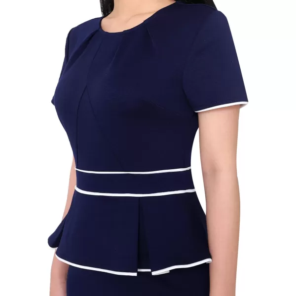 VFSHOW Womens Pleated Crew Neck Peplum Wear to Work Office Sheath DressNavy Blue With White Piping