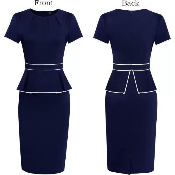 VFSHOW Womens Pleated Crew Neck Peplum Wear to Work Office Sheath DressNavy Blue With White Piping