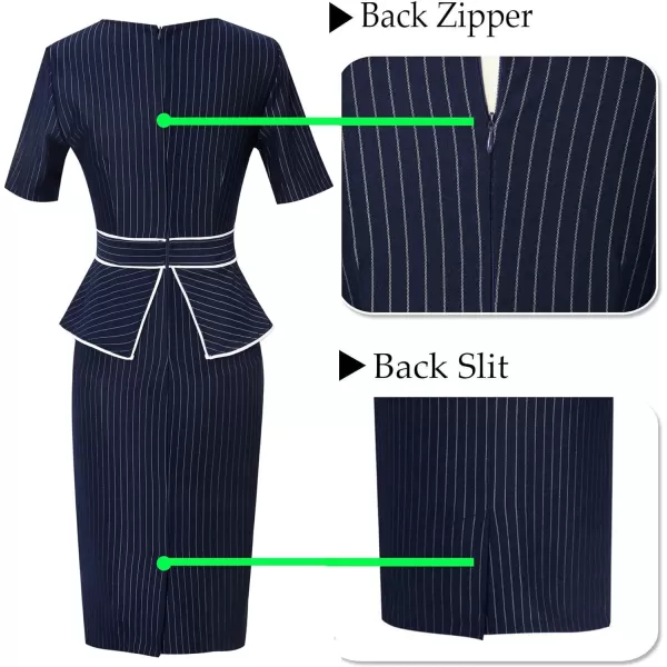 VFSHOW Womens Pleated Crew Neck Peplum Wear to Work Office Sheath DressNavy Blue and White Stripes