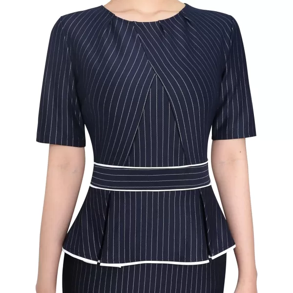 VFSHOW Womens Pleated Crew Neck Peplum Wear to Work Office Sheath DressNavy Blue and White Stripes