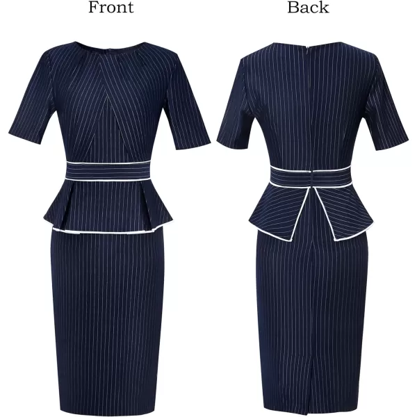 VFSHOW Womens Pleated Crew Neck Peplum Wear to Work Office Sheath DressNavy Blue and White Stripes