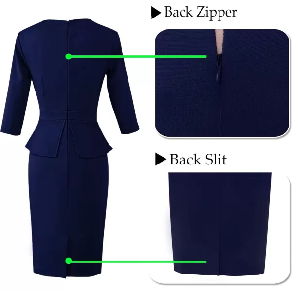 VFSHOW Womens Pleated Crew Neck Peplum Wear to Work Office Sheath DressNavy Blue34 Sleeve