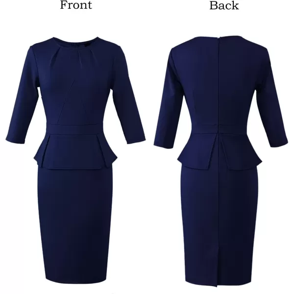 VFSHOW Womens Pleated Crew Neck Peplum Wear to Work Office Sheath DressNavy Blue34 Sleeve