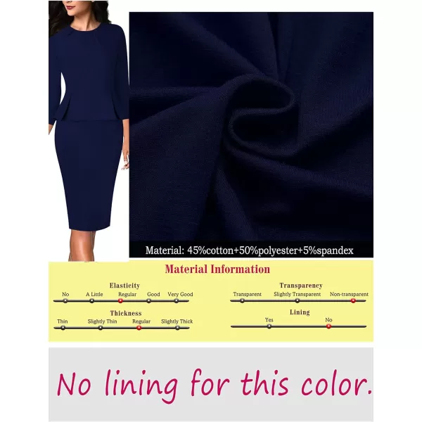 VFSHOW Womens Pleated Crew Neck Peplum Wear to Work Office Sheath DressNavy Blue34 Sleeve