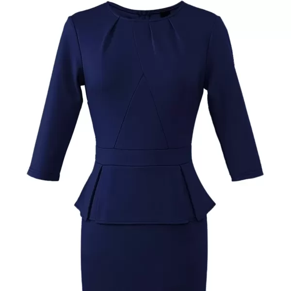 VFSHOW Womens Pleated Crew Neck Peplum Wear to Work Office Sheath DressNavy Blue34 Sleeve