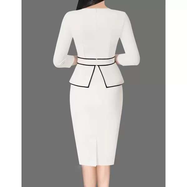 VFSHOW Womens Pleated Crew Neck Peplum Wear to Work Office Sheath DressOff White  Black Piping