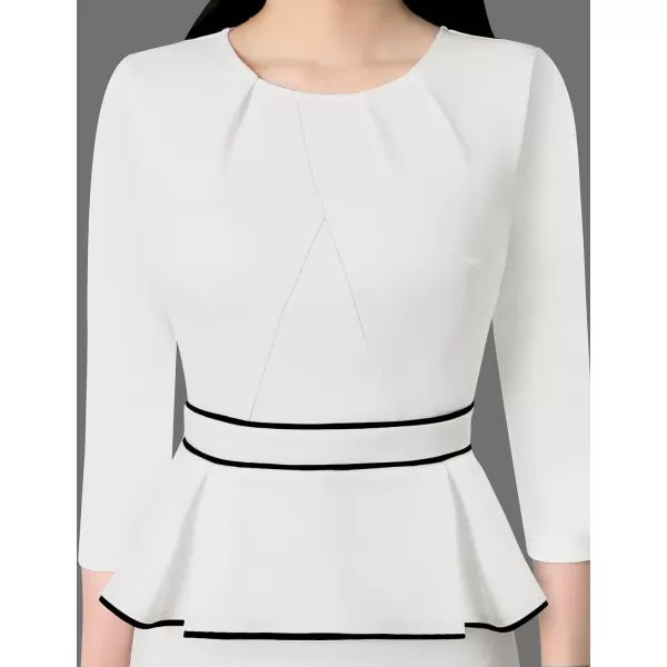 VFSHOW Womens Pleated Crew Neck Peplum Wear to Work Office Sheath DressOff White  Black Piping