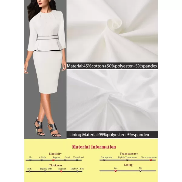 VFSHOW Womens Pleated Crew Neck Peplum Wear to Work Office Sheath DressOff White  Black Piping