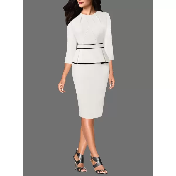 VFSHOW Womens Pleated Crew Neck Peplum Wear to Work Office Sheath DressOff White  Black Piping