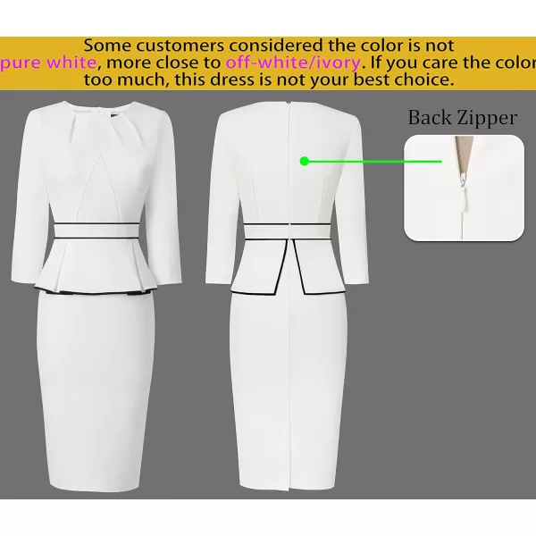 VFSHOW Womens Pleated Crew Neck Peplum Wear to Work Office Sheath DressOff White  Black Piping