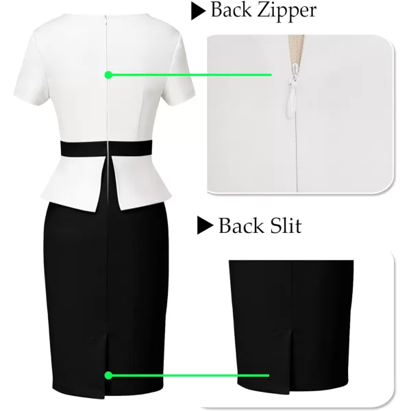 VFSHOW Womens Pleated Crew Neck Peplum Wear to Work Office Sheath DressOff White and Black