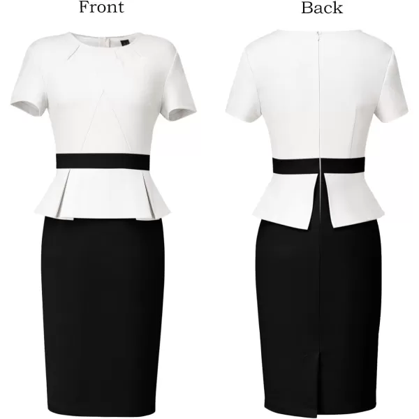 VFSHOW Womens Pleated Crew Neck Peplum Wear to Work Office Sheath DressOff White and Black