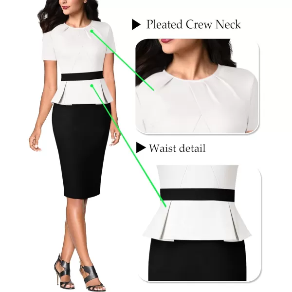 VFSHOW Womens Pleated Crew Neck Peplum Wear to Work Office Sheath DressOff White and Black