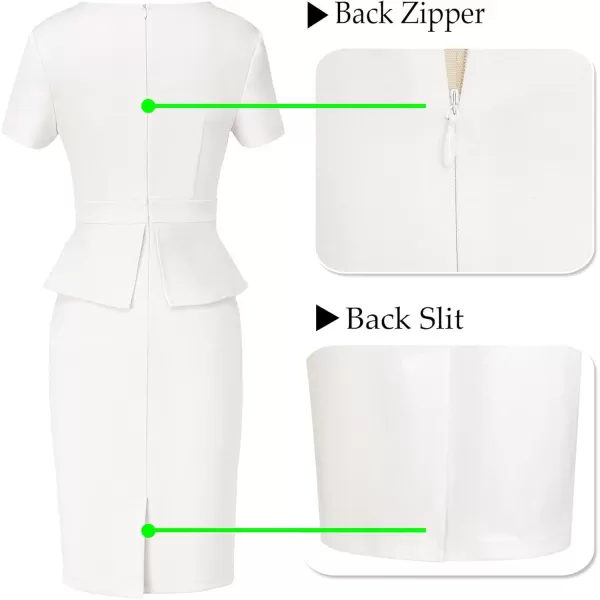 VFSHOW Womens Pleated Crew Neck Peplum Wear to Work Office Sheath DressOff Whiteshort Sleeve