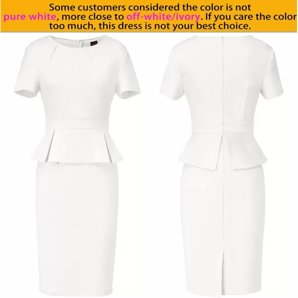 VFSHOW Womens Pleated Crew Neck Peplum Wear to Work Office Sheath DressOff Whiteshort Sleeve