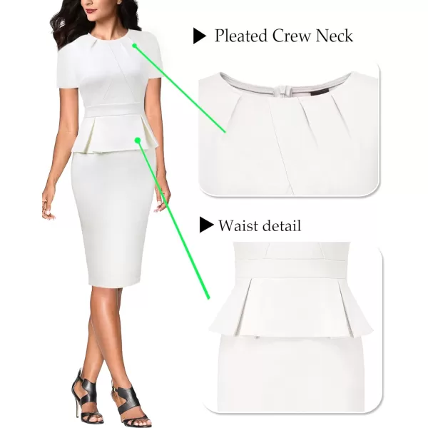 VFSHOW Womens Pleated Crew Neck Peplum Wear to Work Office Sheath DressOff Whiteshort Sleeve