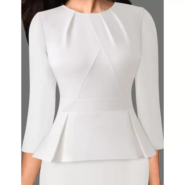 VFSHOW Womens Pleated Crew Neck Peplum Wear to Work Office Sheath DressOffwhite 34 Sleeve