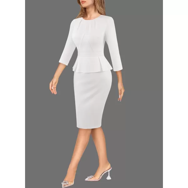 VFSHOW Womens Pleated Crew Neck Peplum Wear to Work Office Sheath DressOffwhite 34 Sleeve